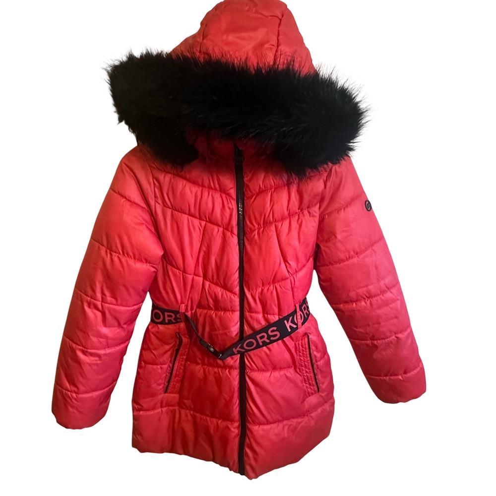 Michael Kors Puffer Jacket Girls 14 Red Zip Faux Fur Hood Logo Belt Outdoor Coat
